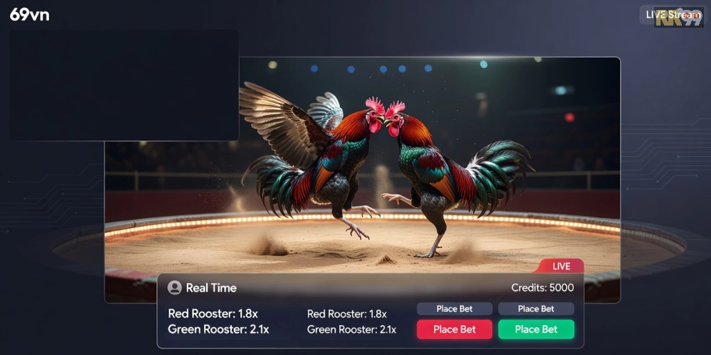 Hình minh họa khái niệm đá gà trực tiếp trên nền tảng 69vn với giao diện streaming hiện đại và các yếu tố cá cược.